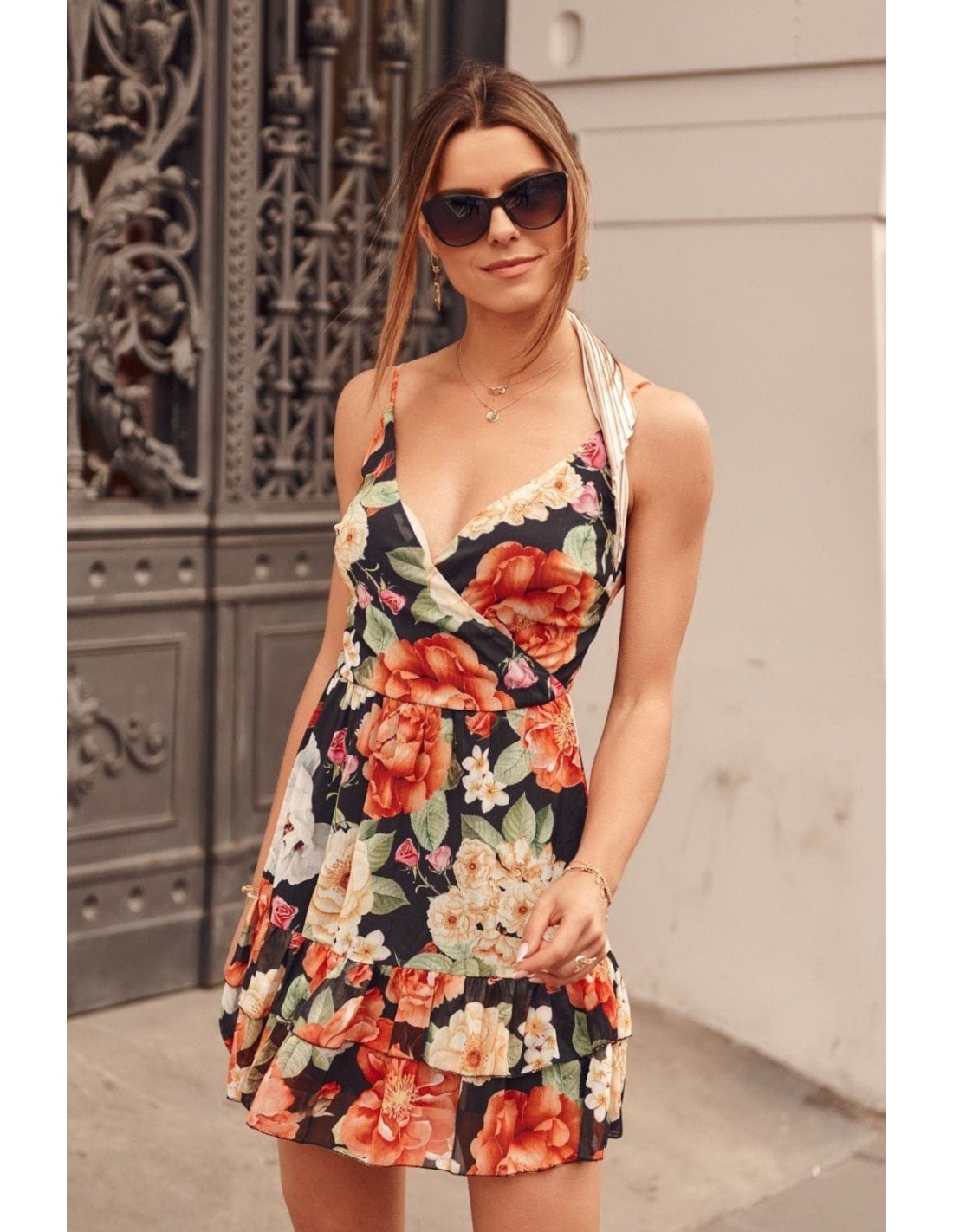 Elegant dress with colorful flowers, black PR3210 - Online store - Boutique